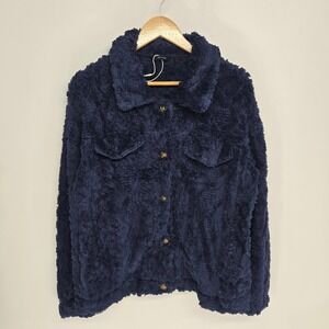 Dokotoo Fleece Jacket Womens M Navy Blue Faux Fur Teddy Button Up Shaggy Coat